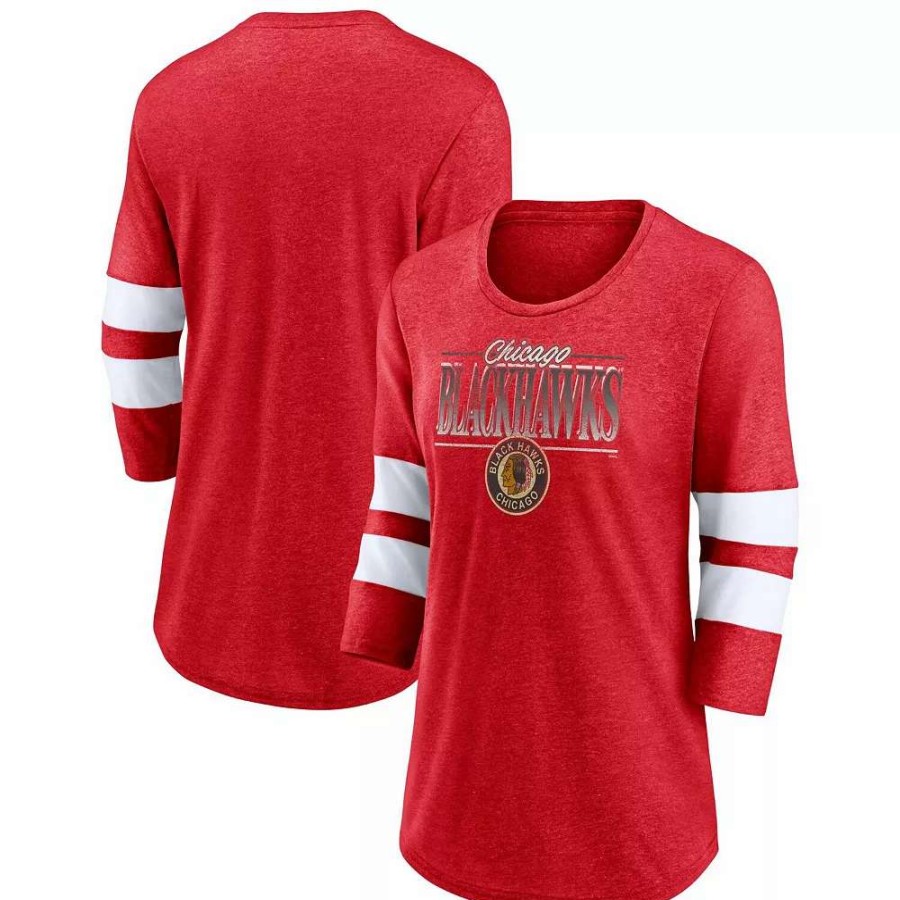 Tops * | Women'S Fanatics Branded Heathered Red/White Chicago Blackhawks Full Shield 3/4-Sleeve Tri-Blend Raglan Scoop Neck T-Shirt