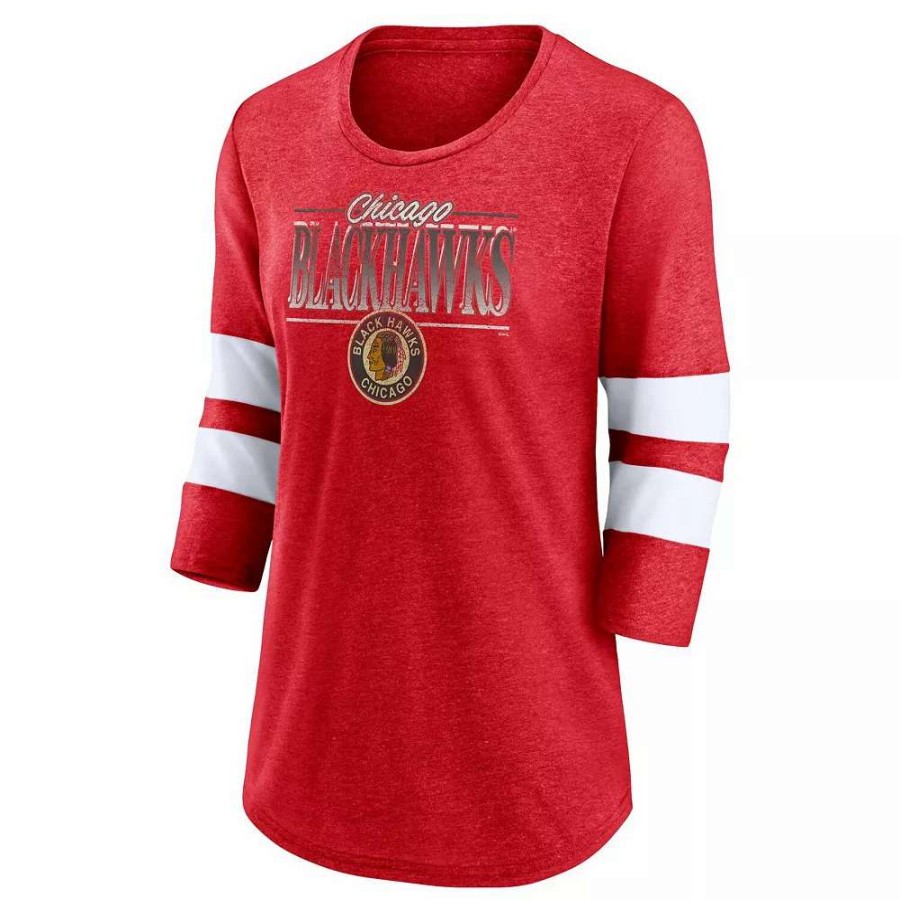 Tops * | Women'S Fanatics Branded Heathered Red/White Chicago Blackhawks Full Shield 3/4-Sleeve Tri-Blend Raglan Scoop Neck T-Shirt