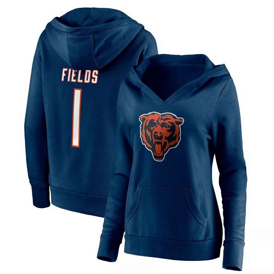 Tops * | Women'S Fanatics Branded Justin Fields Navy Chicago Bears Player Icon Name & Number V-Neck Pullover Hoodie