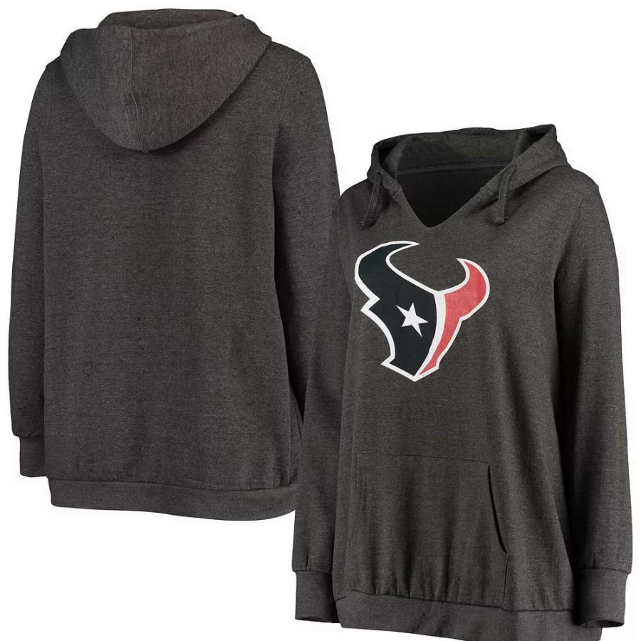 Tops * | Women'S Fanatics Branded Heathered Charcoal Houston Texans Plus Size Notch Neck Pullover Hoodie