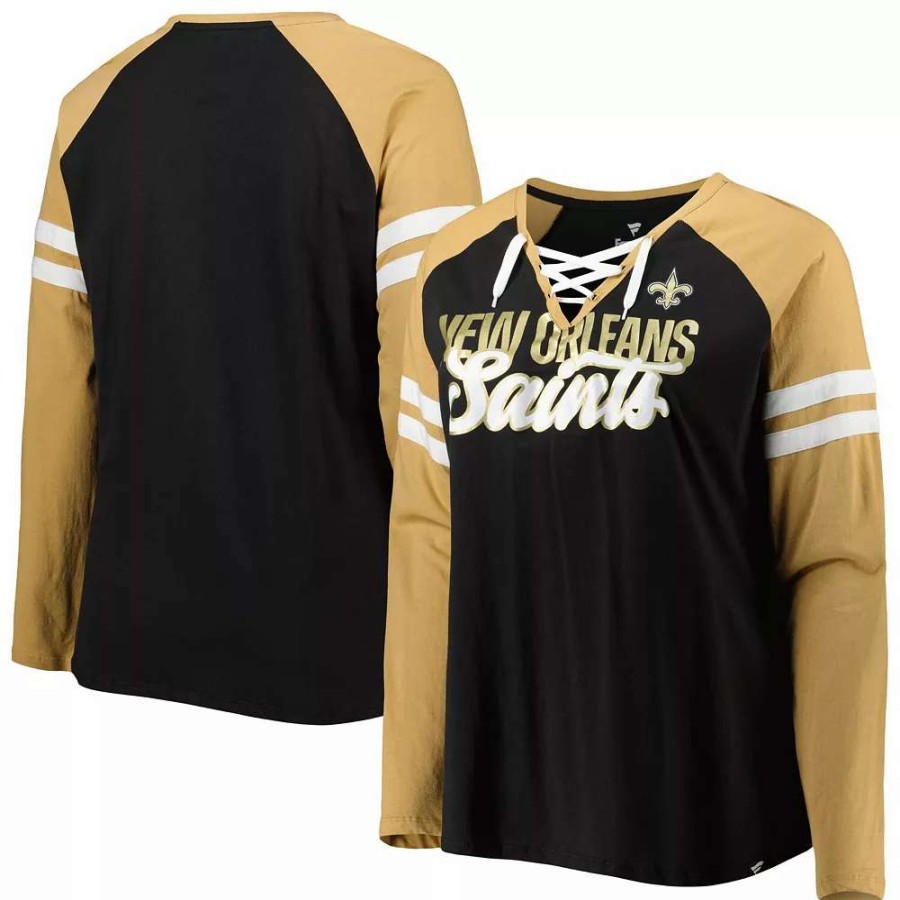 Tops * | Women'S Fanatics Branded Black/Vegas Gold New Orleans Saints Plus Size True To Form Lace-Up V-Neck Raglan Long Sleeve T-Shirt