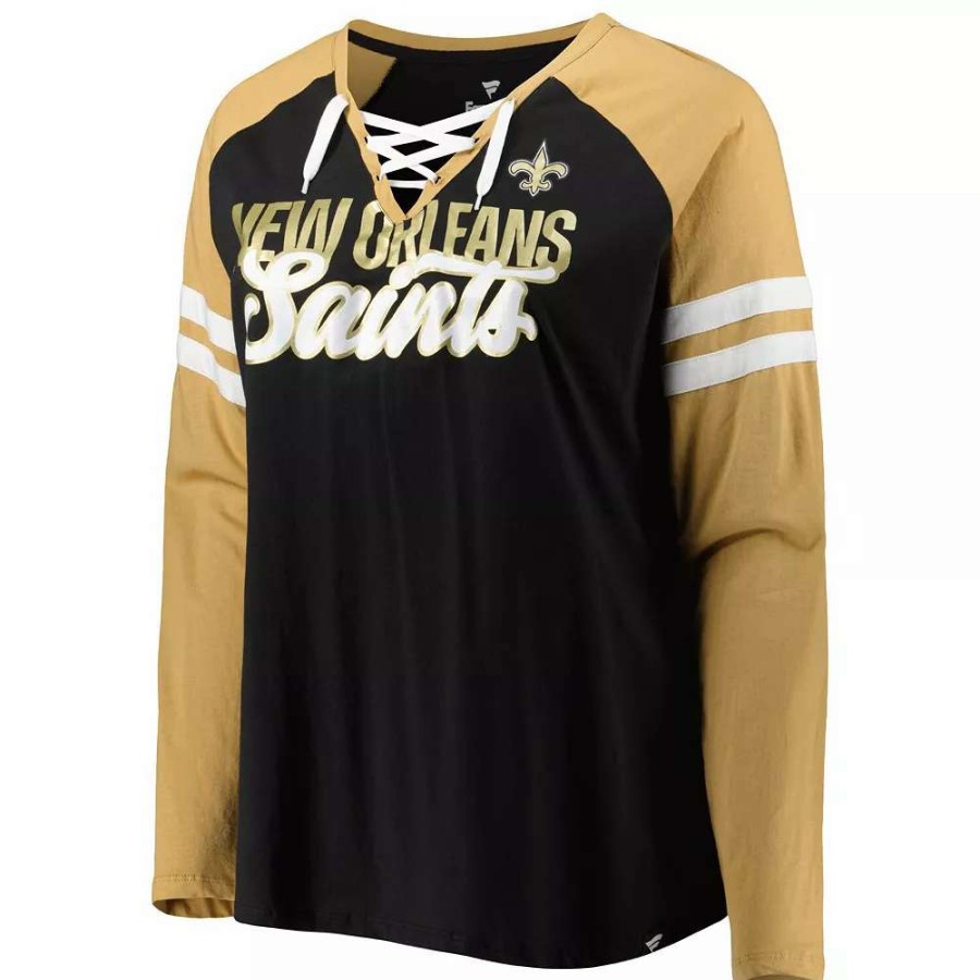 Tops * | Women'S Fanatics Branded Black/Vegas Gold New Orleans Saints Plus Size True To Form Lace-Up V-Neck Raglan Long Sleeve T-Shirt