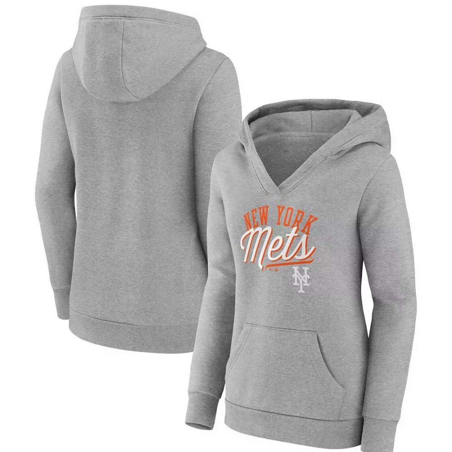 Tops * | Women'S Fanatics Branded Heather Gray New York Mets Simplicity Crossover V-Neck Pullover Hoodie