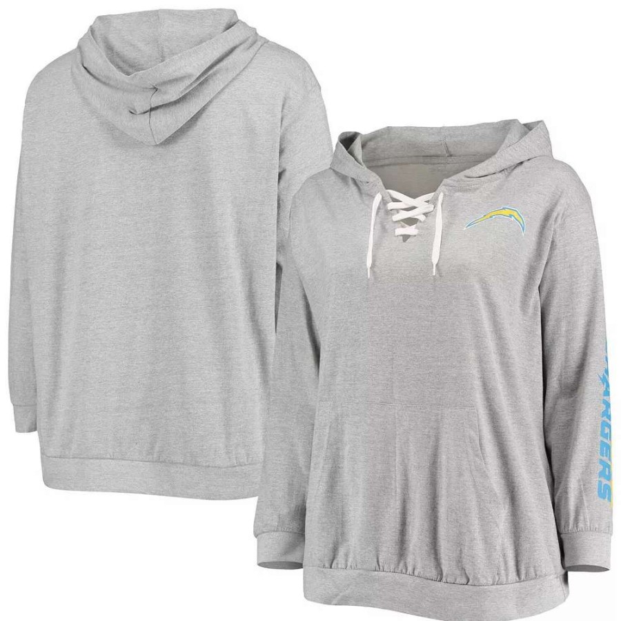 Tops * | Women'S Fanatics Branded Heathered Gray Los Angeles Chargers Plus Size Lace-Up Pullover Hoodie