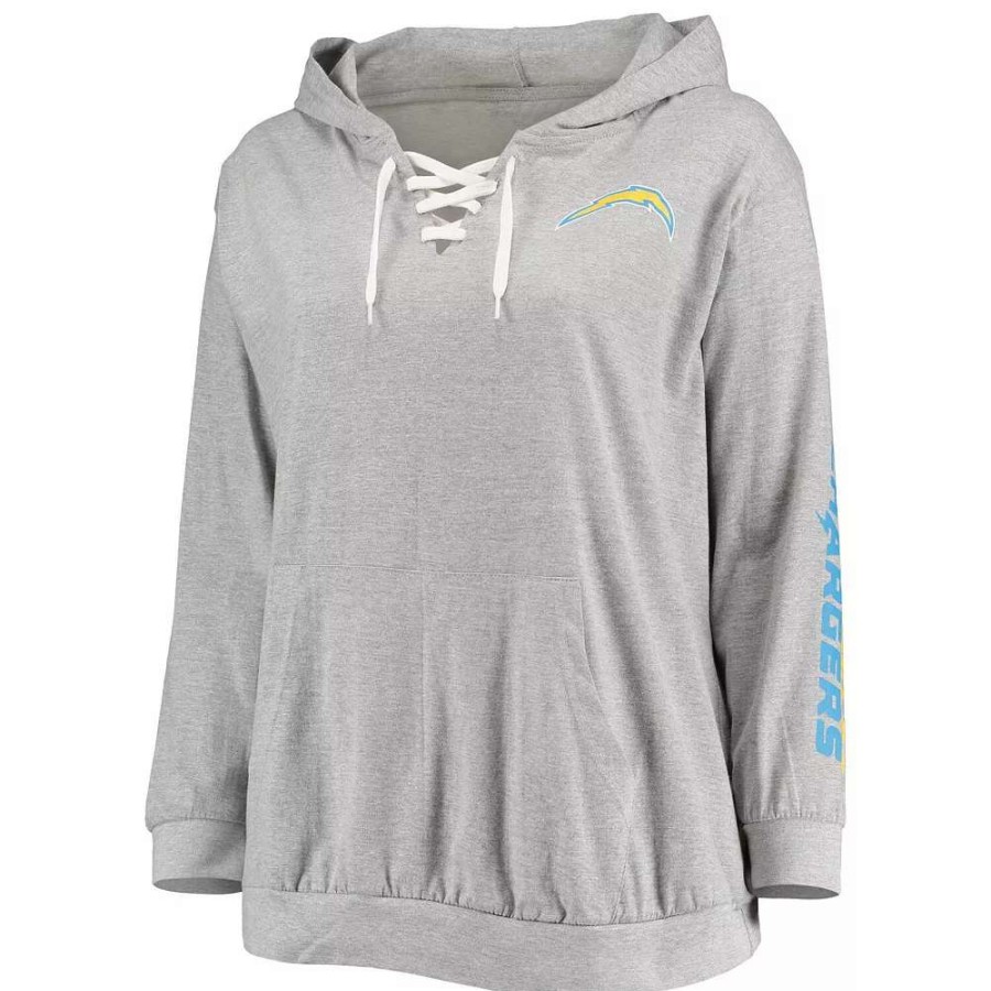 Tops * | Women'S Fanatics Branded Heathered Gray Los Angeles Chargers Plus Size Lace-Up Pullover Hoodie