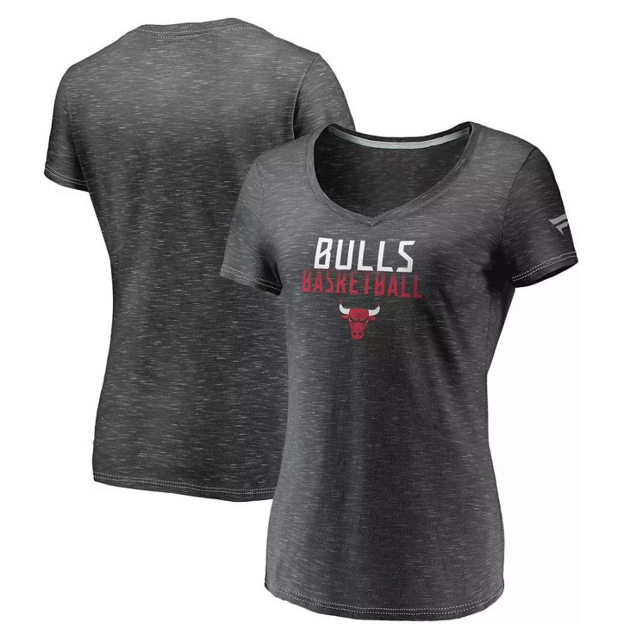 Tops * | Women'S Fanatics Branded Charcoal Chicago Bulls Double-Fade Space-Dye V-Neck T-Shirt