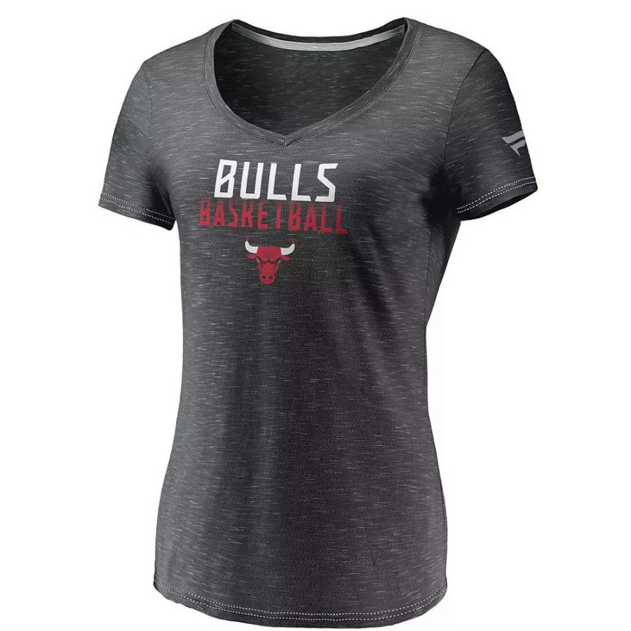 Tops * | Women'S Fanatics Branded Charcoal Chicago Bulls Double-Fade Space-Dye V-Neck T-Shirt