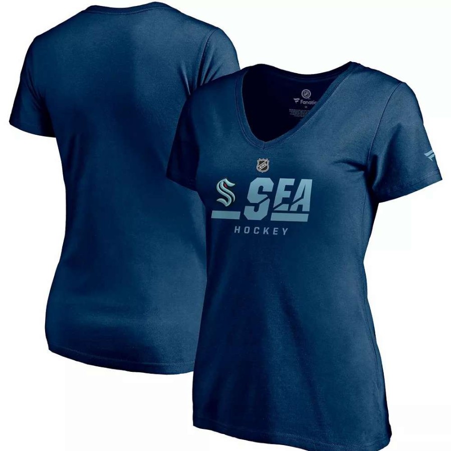 Tops * | Women'S Fanatics Branded Navy Seattle Kraken Authentic Pro Secondary Logo V-Neck T-Shirt