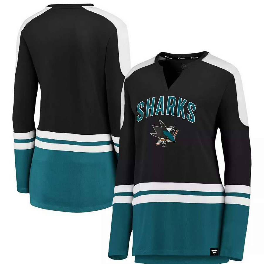 Tops * | Women'S Fanatics Branded Black/Teal San Jose Sharks Iconic Slapshot Long Sleeve Notch Neck T-Shirt