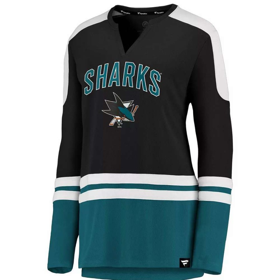 Tops * | Women'S Fanatics Branded Black/Teal San Jose Sharks Iconic Slapshot Long Sleeve Notch Neck T-Shirt