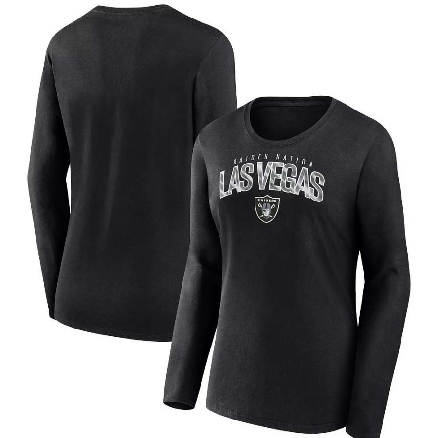 Tops * | Women'S Fanatics Branded Black Las Vegas Raiders Plus Size Measure Distance Scoop Neck Long Sleeve T-Shirt