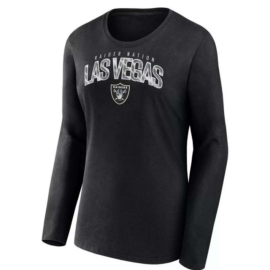 Tops * | Women'S Fanatics Branded Black Las Vegas Raiders Plus Size Measure Distance Scoop Neck Long Sleeve T-Shirt