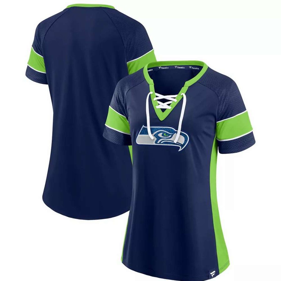 Tops * | Women'S Fanatics Branded College Navy/Neon Green Seattle Seahawks Team Draft Me Lace-Up Raglan T-Shirt