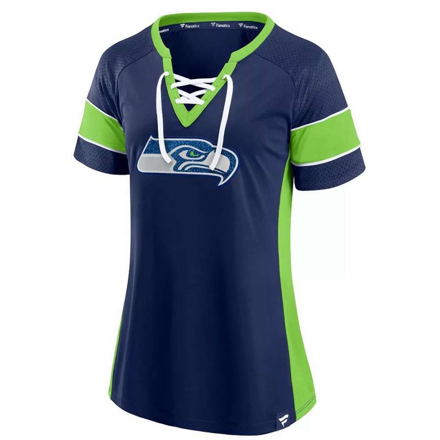 Tops * | Women'S Fanatics Branded College Navy/Neon Green Seattle Seahawks Team Draft Me Lace-Up Raglan T-Shirt