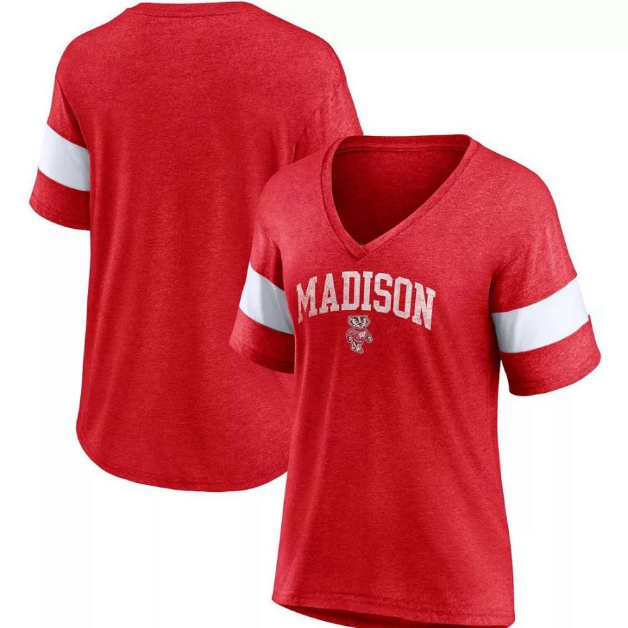 Tops * | Women'S Fanatics Branded Heathered Red Wisconsin Badgers Arched City Sleeve-Striped Tri-Blend V-Neck T-Shirt