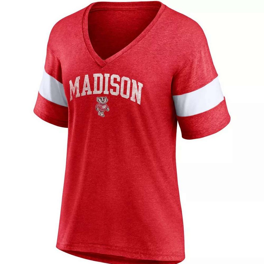 Tops * | Women'S Fanatics Branded Heathered Red Wisconsin Badgers Arched City Sleeve-Striped Tri-Blend V-Neck T-Shirt