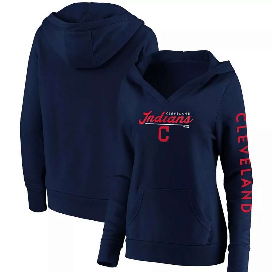 Tops * | Women'S Fanatics Branded Navy Cleveland Indians Core High Class Crossover Pullover Hoodie