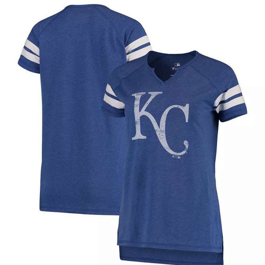 Tops * | Women'S Fanatics Branded Royal/White Kansas City Royals Tri-Blend Wordmark Notch Neck T-Shirt