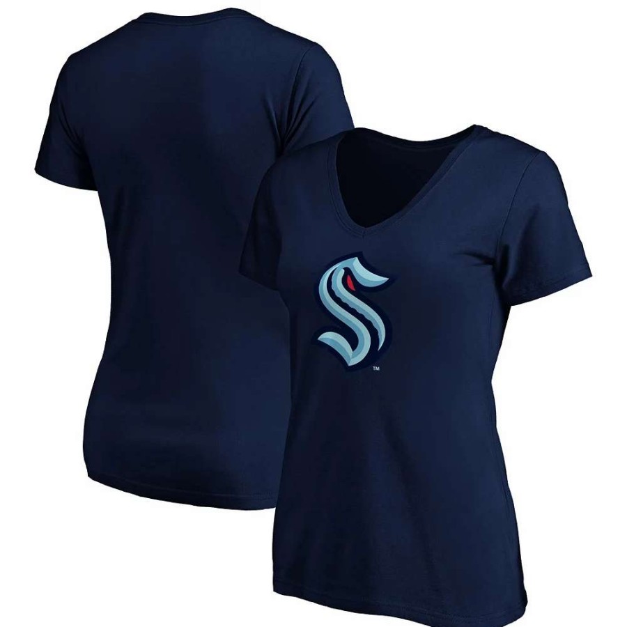 Tops * | Women'S Fanatics Branded Navy Seattle Kraken Primary Logo Plus Size V-Neck T-Shirt