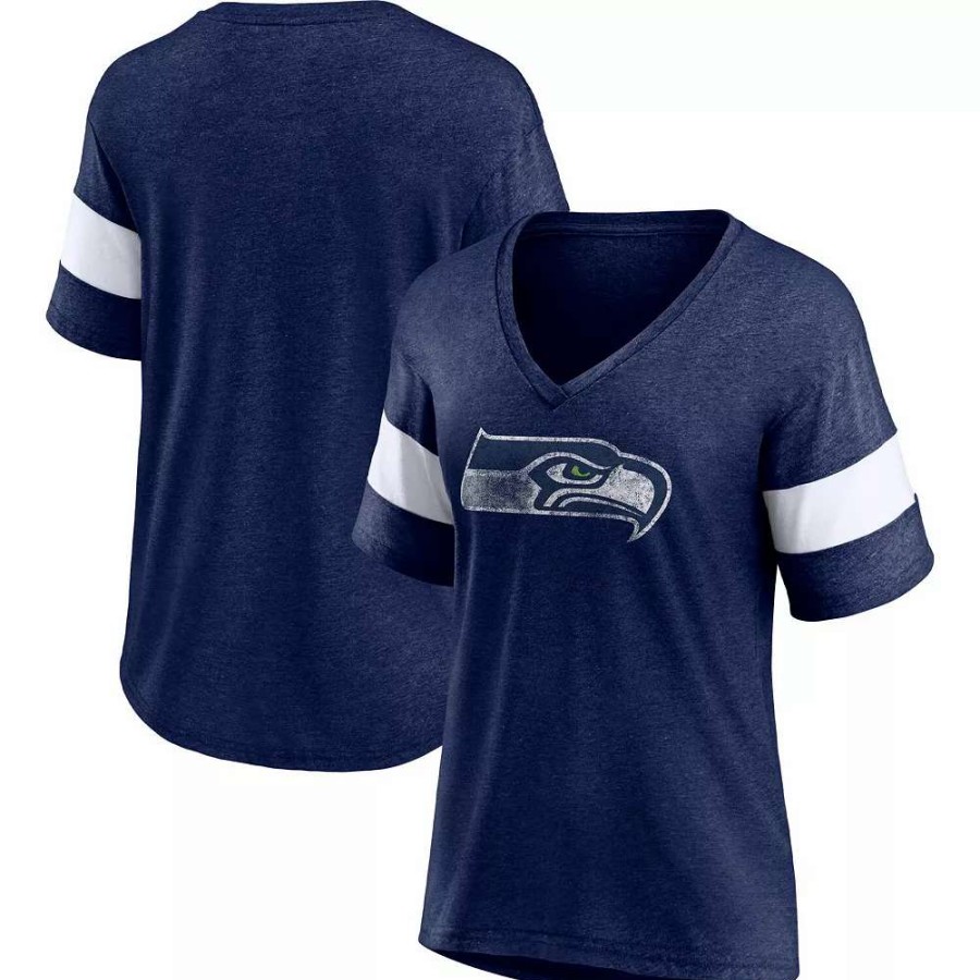 Tops * | Women'S Fanatics Branded Heathered Navy/White Seattle Seahawks Distressed Team Tri-Blend V-Neck T-Shirt