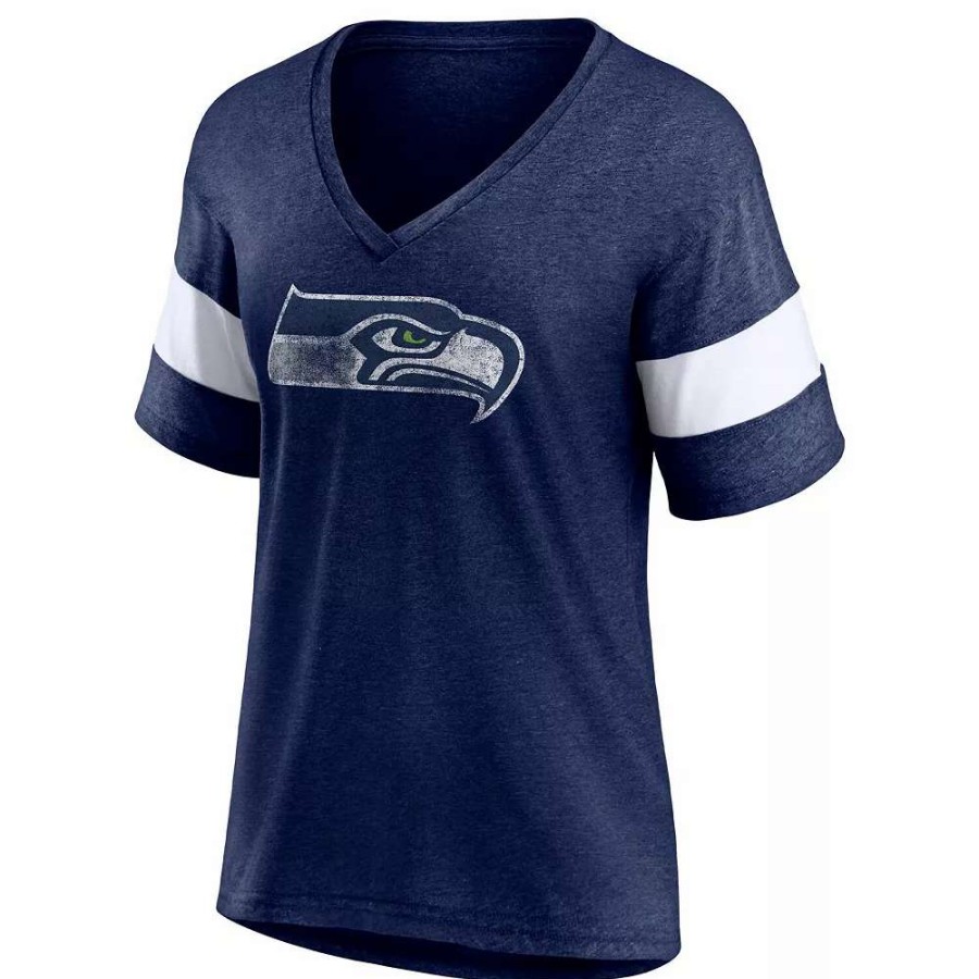 Tops * | Women'S Fanatics Branded Heathered Navy/White Seattle Seahawks Distressed Team Tri-Blend V-Neck T-Shirt