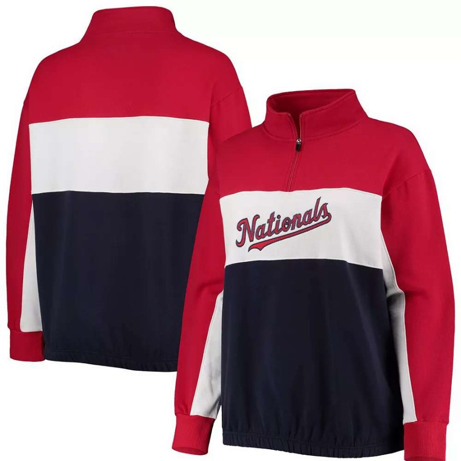 Tops * | Women'S Fanatics Branded Red/Navy Washington Nationals Plus Size Colorblock Quarter-Zip Sweatshirt