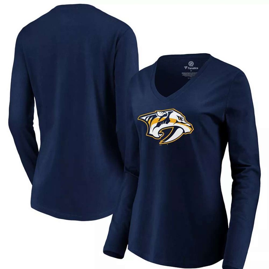 Tops * | Women'S Fanatics Branded Navy Nashville Predators Primary Logo Long Sleeve V-Neck T-Shirt