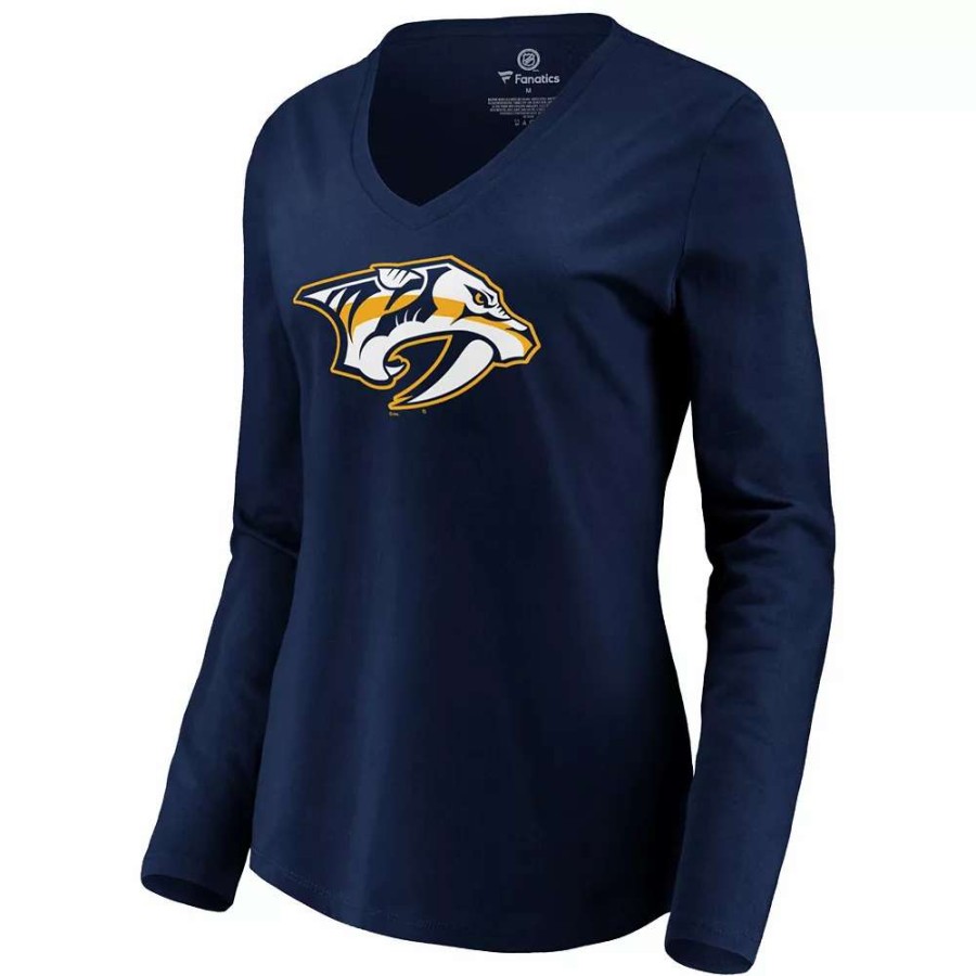 Tops * | Women'S Fanatics Branded Navy Nashville Predators Primary Logo Long Sleeve V-Neck T-Shirt