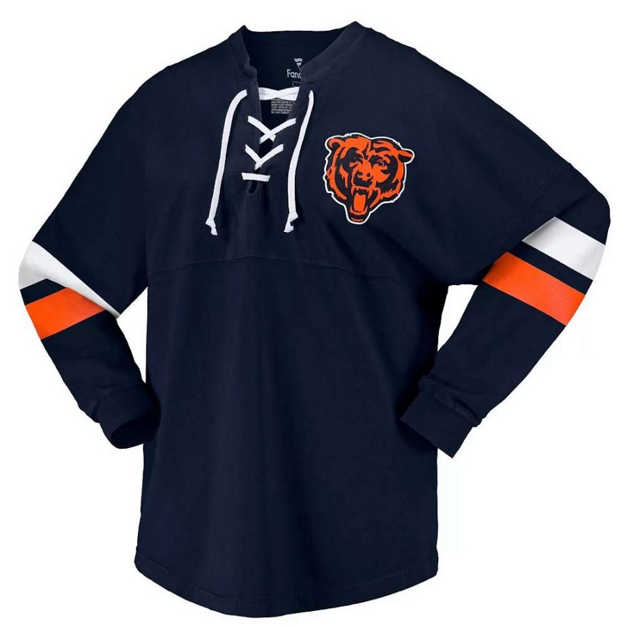 Tops * | Women'S Fanatics Branded Navy Chicago Bears Spirit Jersey Lace-Up V-Neck Long Sleeve T-Shirt