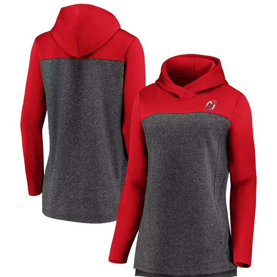 Tops * | Women'S Fanatics Branded Heathered Charcoal/Red New Jersey Devils Chiller Fleece Pullover Hoodie