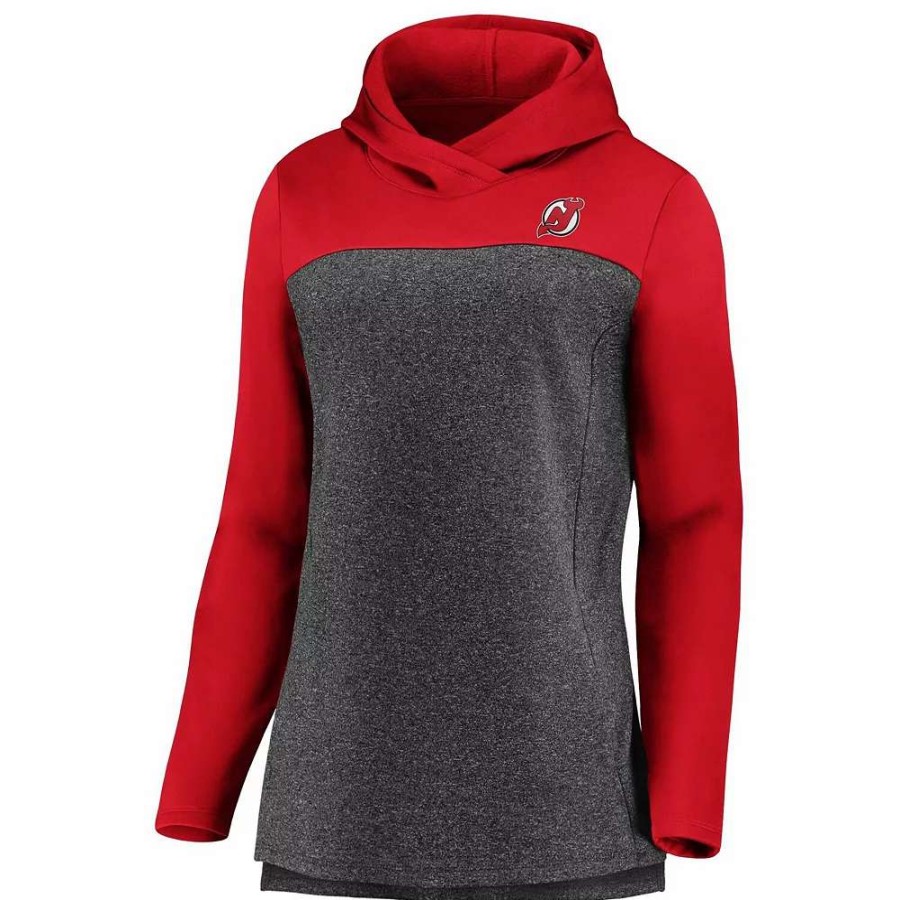 Tops * | Women'S Fanatics Branded Heathered Charcoal/Red New Jersey Devils Chiller Fleece Pullover Hoodie