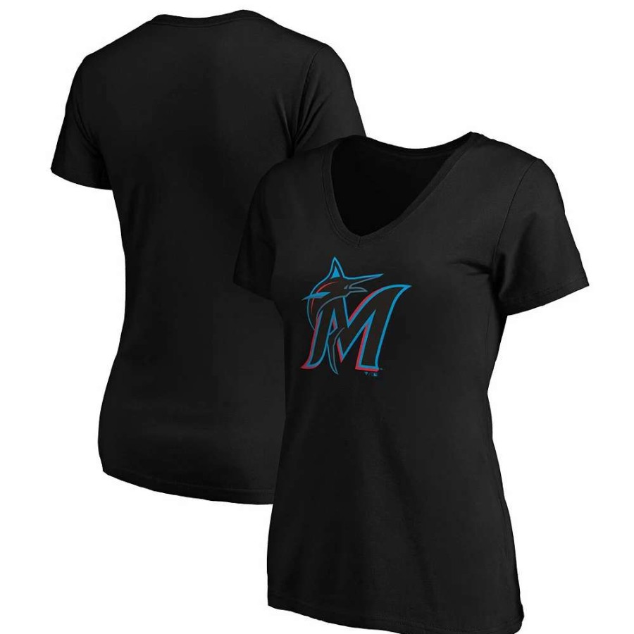 Tops * | Women'S Fanatics Branded Black Miami Marlins Core Official Logo V-Neck T-Shirt