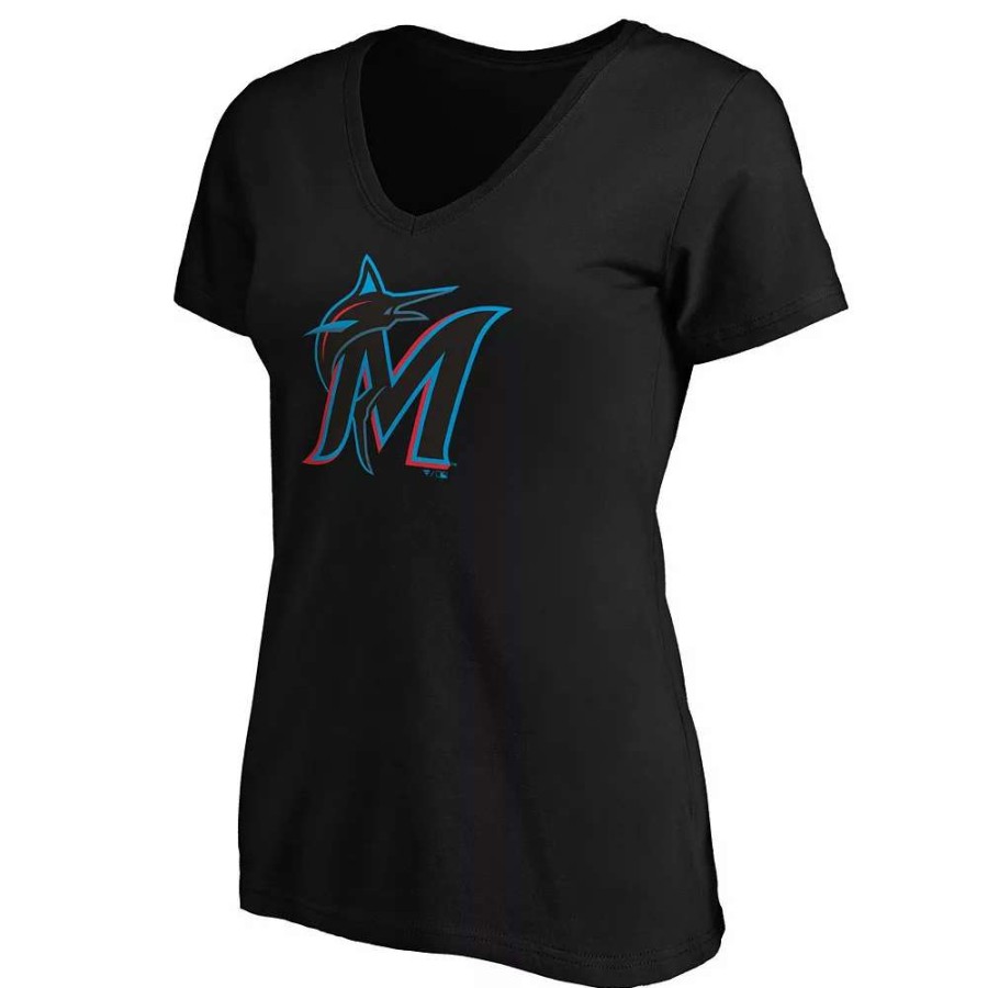 Tops * | Women'S Fanatics Branded Black Miami Marlins Core Official Logo V-Neck T-Shirt