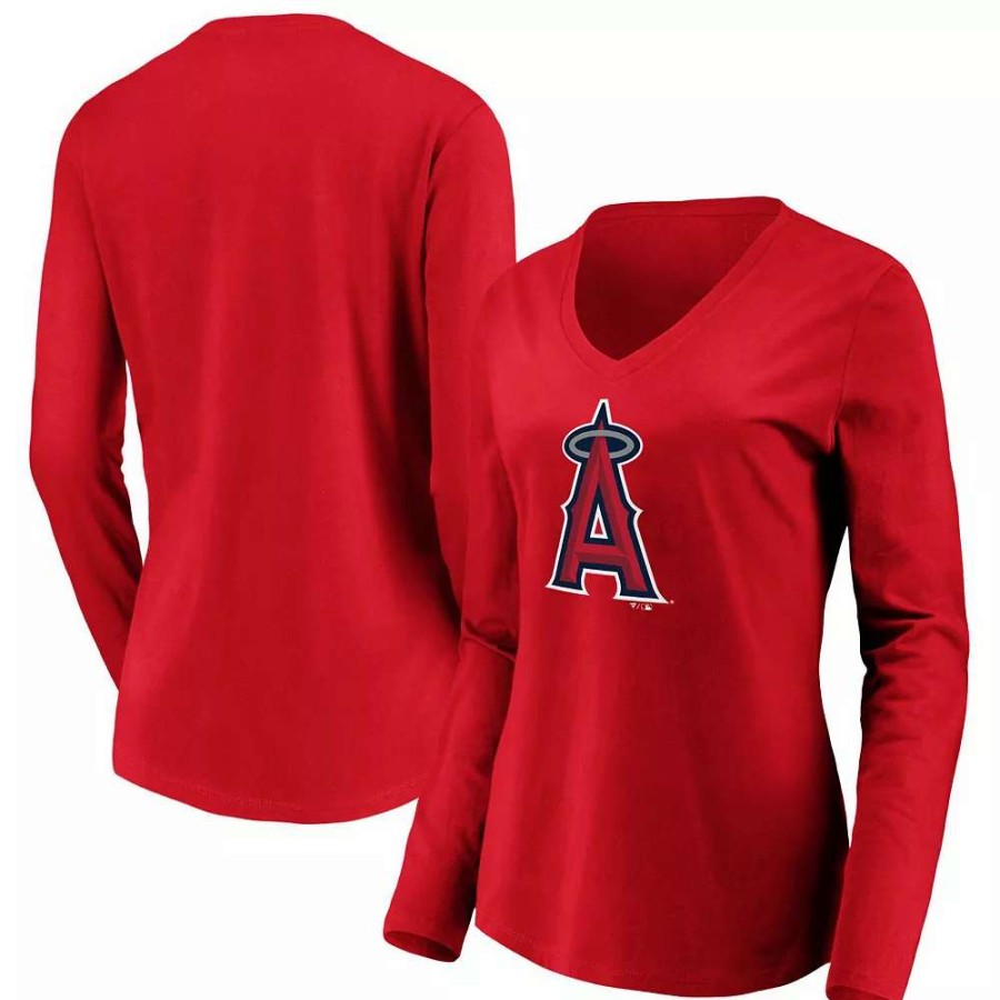 Tops * | Women'S Fanatics Branded Red Los Angeles Angels Official Logo Long Sleeve V-Neck T-Shirt