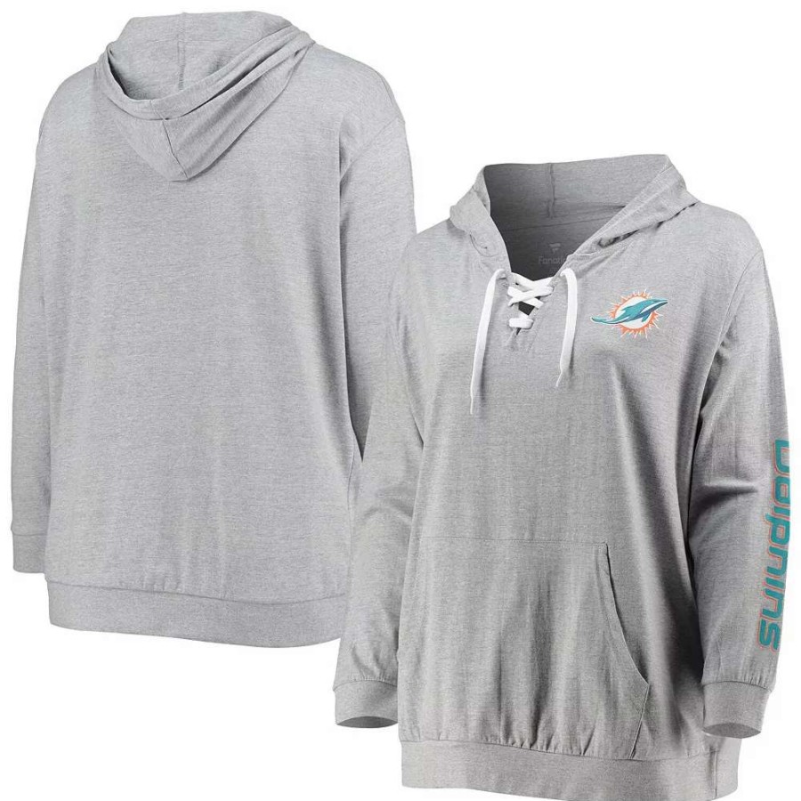 Tops * | Women'S Fanatics Branded Heathered Gray Miami Dolphins Plus Size Lace-Up Pullover Hoodie