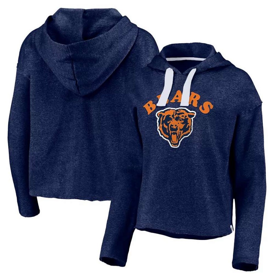 Tops * | Women'S Fanatics Branded Heathered Navy Chicago Bears Historic Logo Sport Resort Vintage Arc Cropped Raw Edge Pullover Hoodie