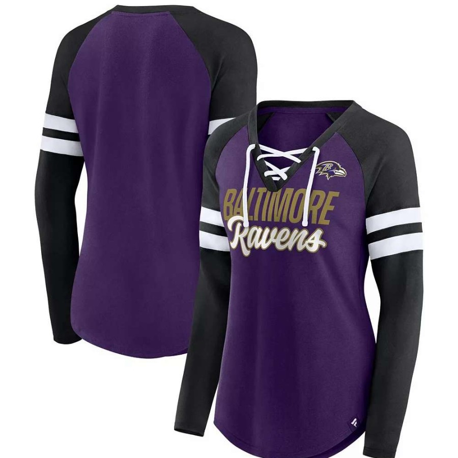 Tops * | Women'S Fanatics Branded Purple/Black Baltimore Ravens Plus Size True To Form Lace-Up V-Neck Raglan Long Sleeve T-Shirt