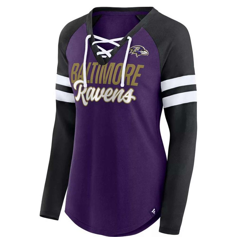 Tops * | Women'S Fanatics Branded Purple/Black Baltimore Ravens Plus Size True To Form Lace-Up V-Neck Raglan Long Sleeve T-Shirt