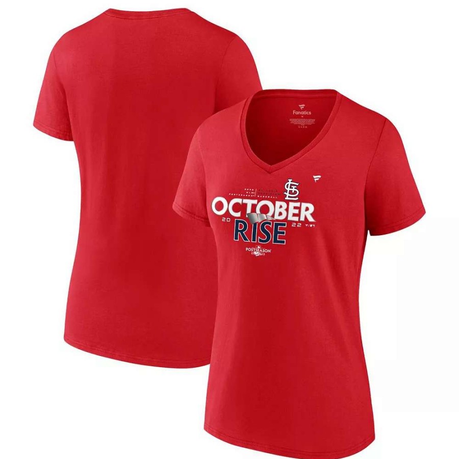 Tops * | Women'S Fanatics Branded Red St. Louis Cardinals 2022 Postseason Locker Room V-Neck T-Shirt