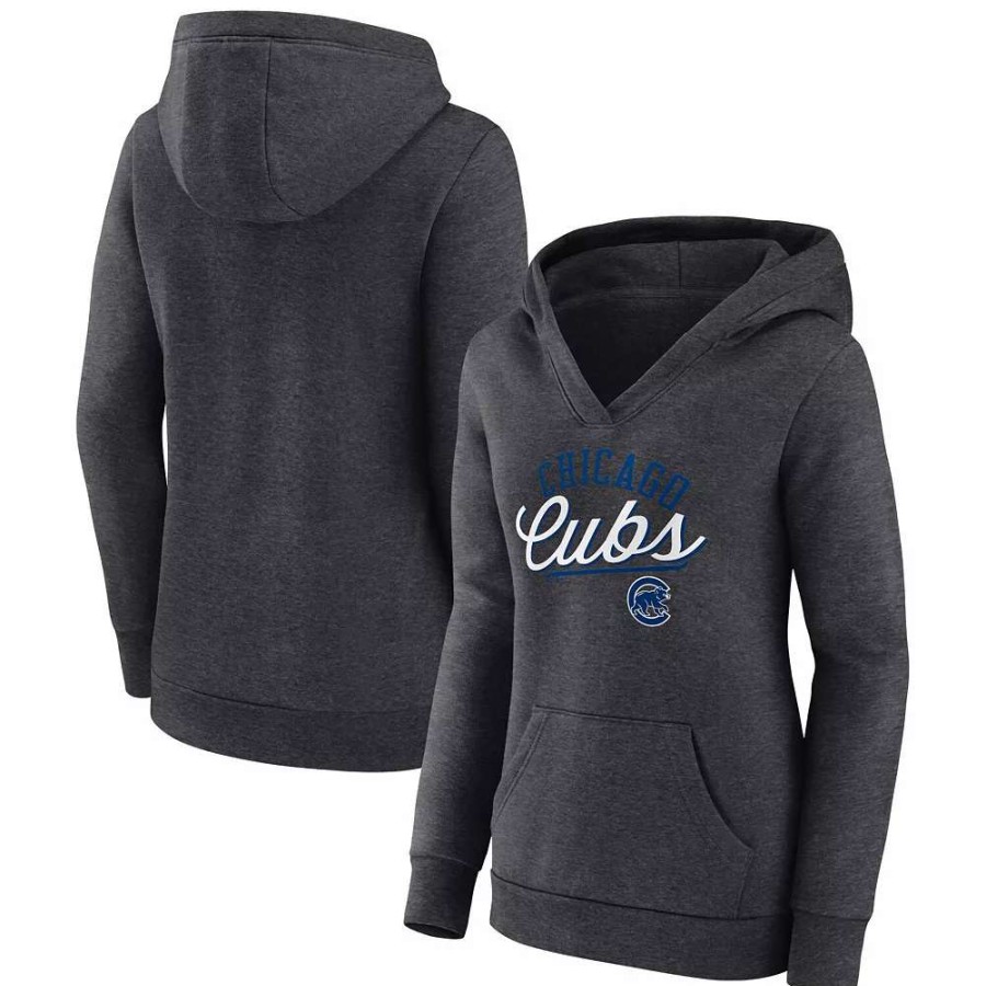 Tops * | Women'S Fanatics Branded Heather Charcoal Chicago Cubs Simplicity Crossover V-Neck Pullover Hoodie