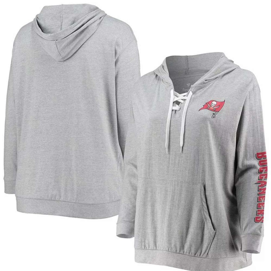 Tops * | Women'S Fanatics Branded Heathered Gray Tampa Bay Buccaneers Plus Size Lace-Up Pullover Hoodie