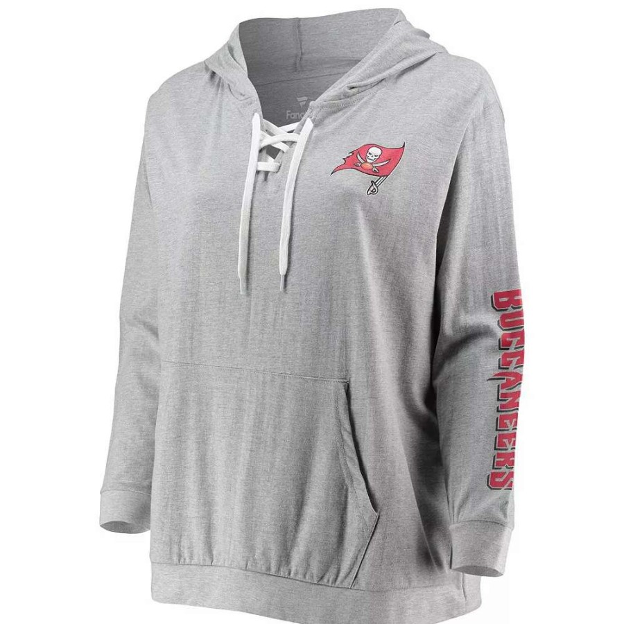 Tops * | Women'S Fanatics Branded Heathered Gray Tampa Bay Buccaneers Plus Size Lace-Up Pullover Hoodie