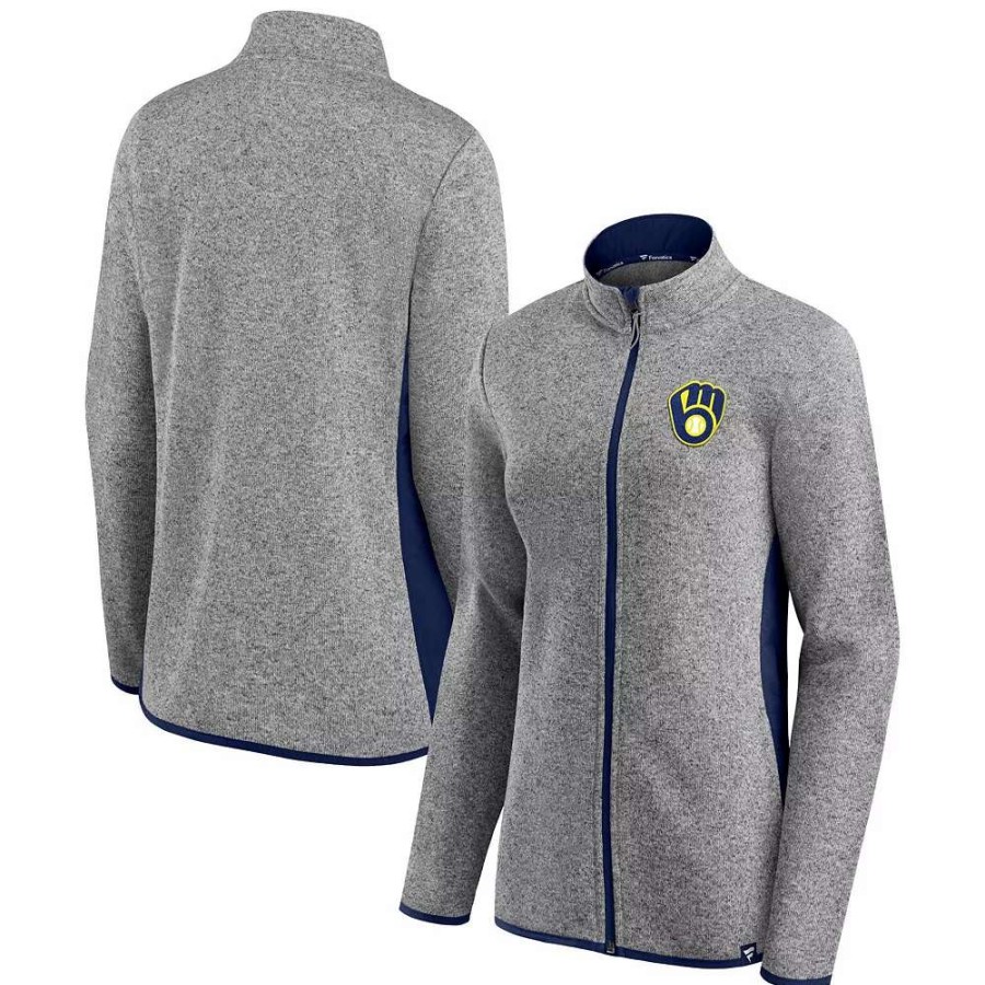 Outerwear * | Women'S Fanatics Branded Heathered Charcoal Milwaukee Brewers Primary Logo Fleece Full-Zip Jacket