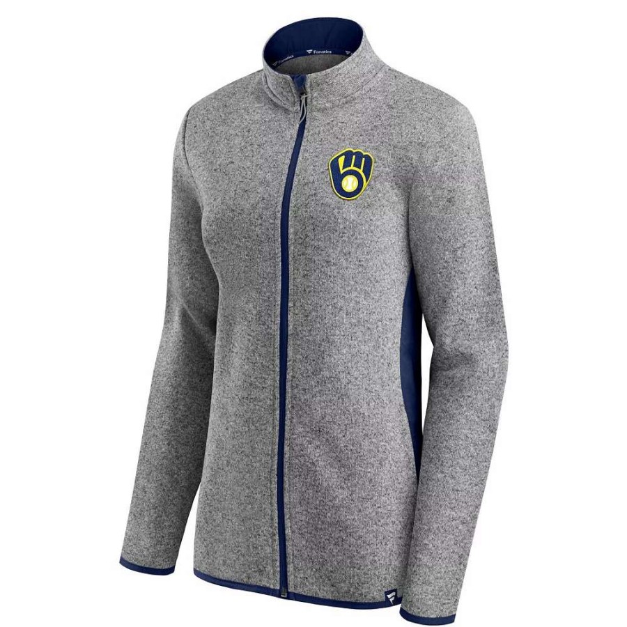 Outerwear * | Women'S Fanatics Branded Heathered Charcoal Milwaukee Brewers Primary Logo Fleece Full-Zip Jacket