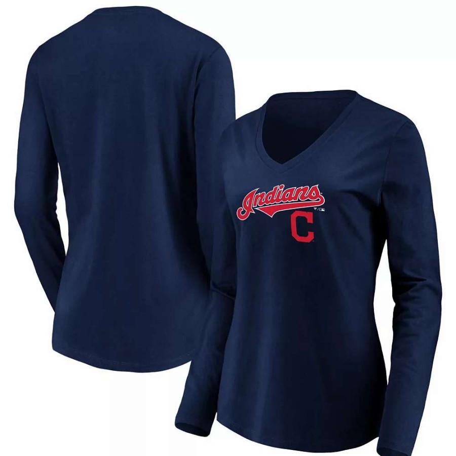 Tops * | Women'S Fanatics Branded Navy Cleveland Indians Core Team Lockup Long Sleeve V-Neck T-Shirt