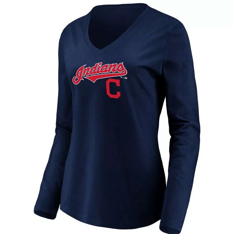 Tops * | Women'S Fanatics Branded Navy Cleveland Indians Core Team Lockup Long Sleeve V-Neck T-Shirt