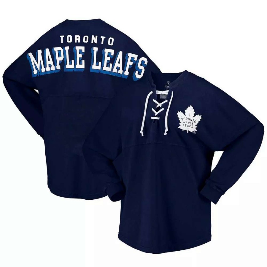 Tops * | Women'S Fanatics Branded Navy Toronto Maple Leafs Spirit Lace-Up V-Neck Long Sleeve Jersey T-Shirt