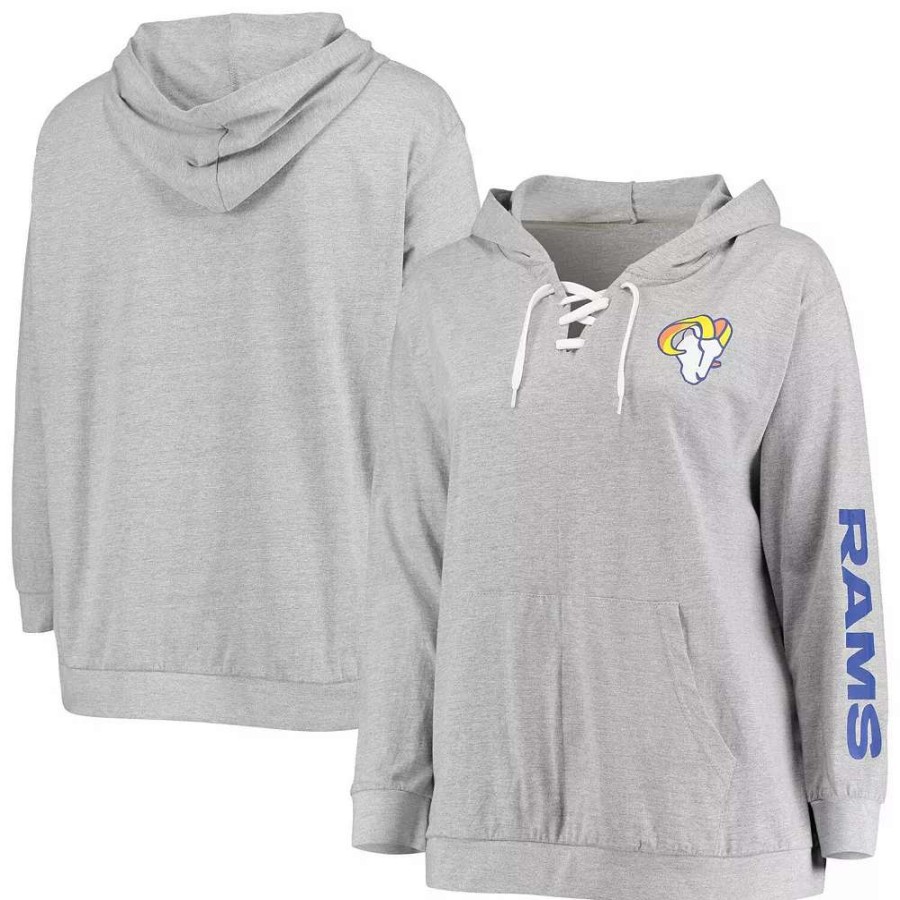 Tops * | Women'S Fanatics Branded Heathered Gray Los Angeles Rams Plus Size Lace-Up Pullover Hoodie