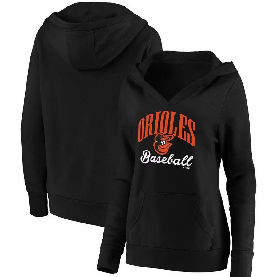 Tops * | Women'S Fanatics Branded Black Baltimore Orioles Victory Script Crossover Neck Pullover Hoodie