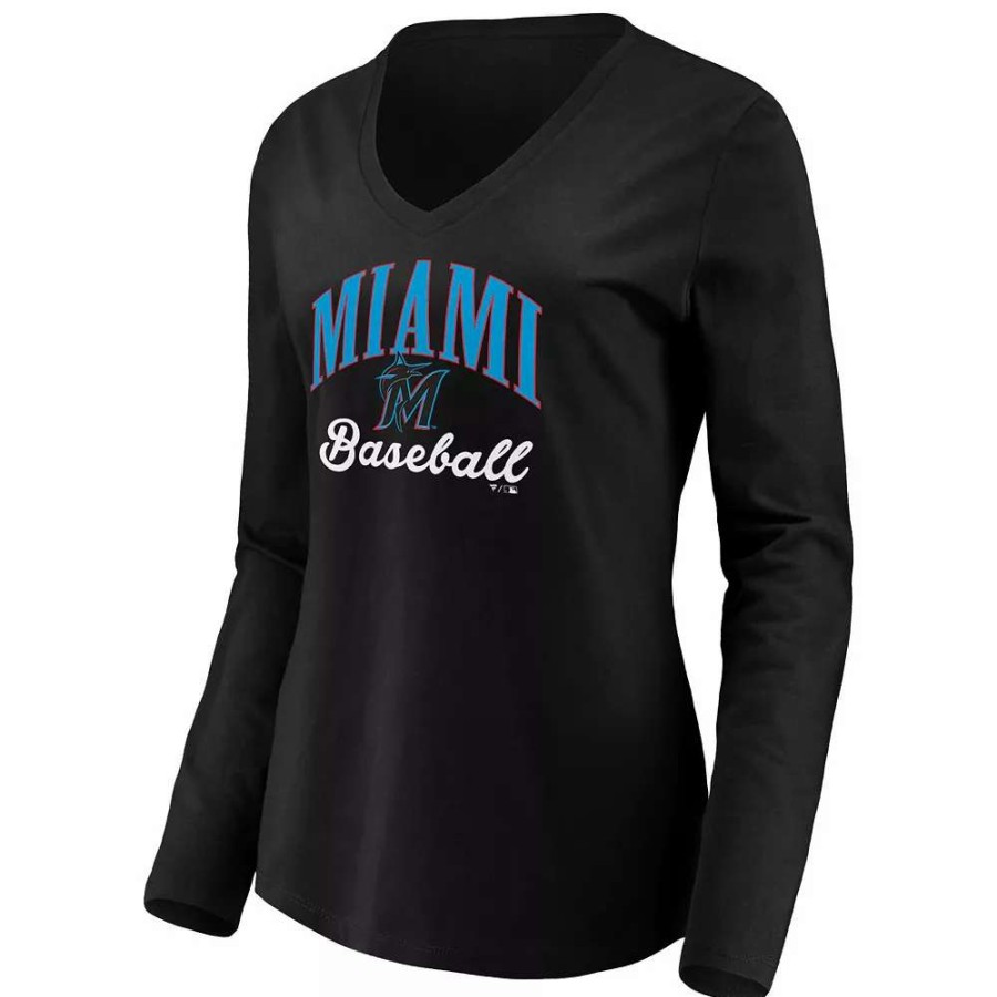 Tops * | Women'S Fanatics Branded Black Miami Marlins Victory Script V-Neck Long Sleeve T-Shirt